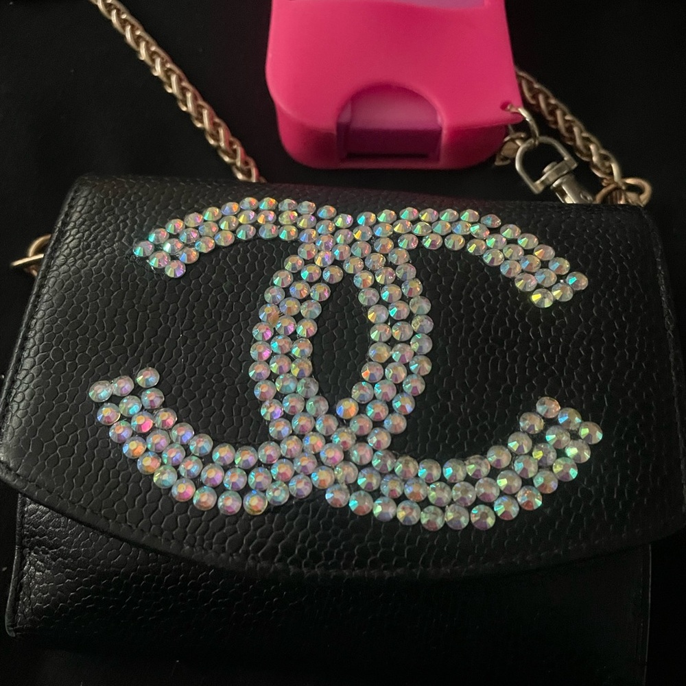 CHANEL Black wallet with rhinestones CC